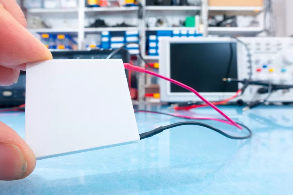 Close-up of hand holding small white square thermoelectric generator in lab with computer in background.